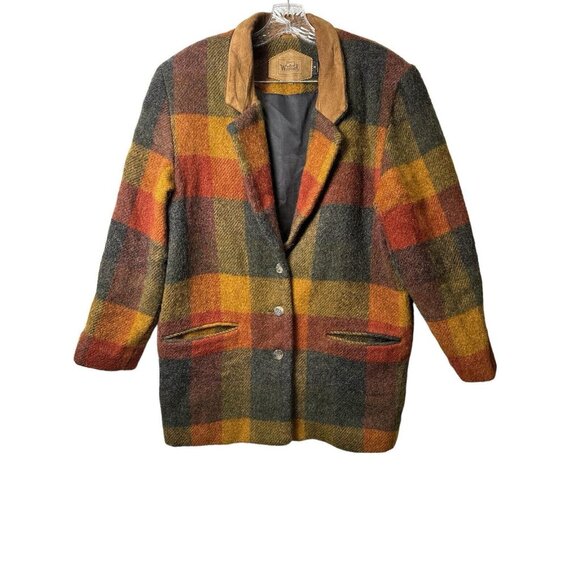 Vintage 80sWoolrich Jacket Wool Mohair Autumn Plaid Leather Collar Women's M USA - Picture 1 of 10